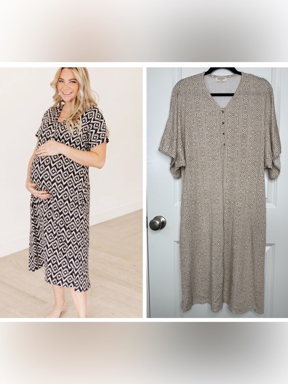 Dwell & Slumber Dara Swing Dress XS/S Tan White Geometric Maternity Postpartum